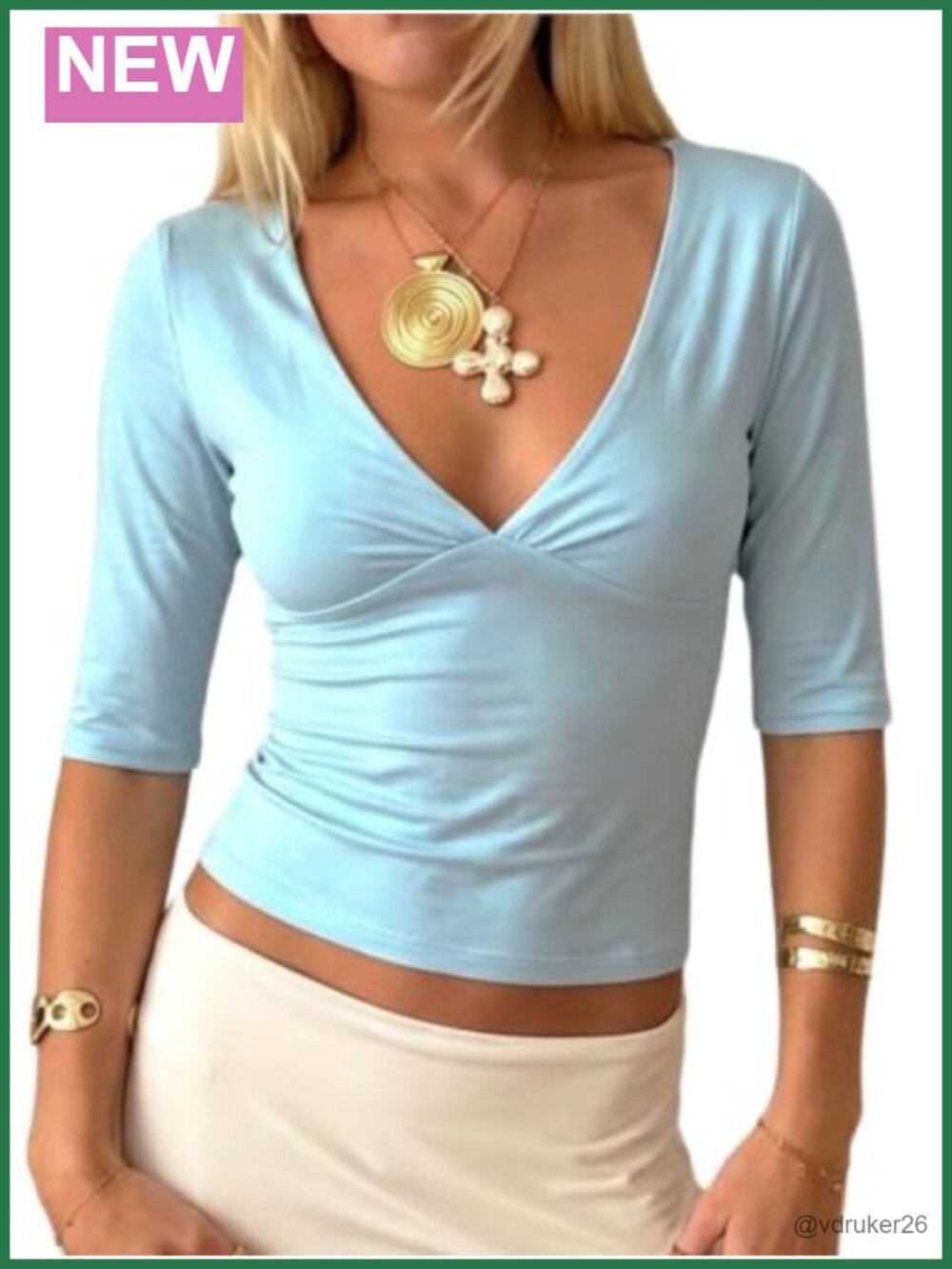 Women's 3/4 Sleeve Deep V Neck Wrap Crop Top Slim Fit Fall T-Shirt